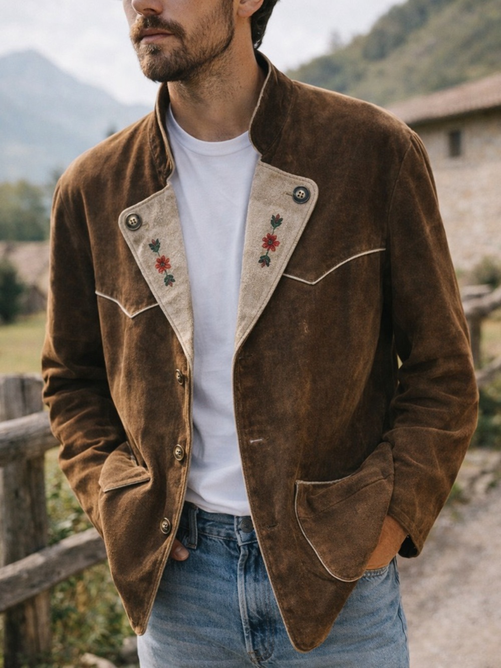 Enzo Scapati Italian Suede Leather Jacket Mens XL Brown Western Embroidered